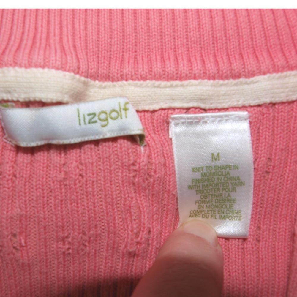 Liz Golf Full Zip Cardigan Cable Knit Mock Neck Sweater Coral Pink M - Picture 2 of 8